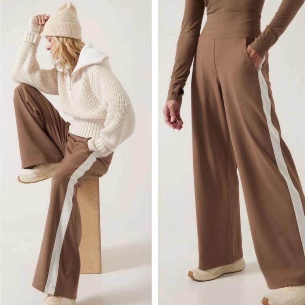 Athleta Brown Wide-Leg Track Pants with White Side Stripe